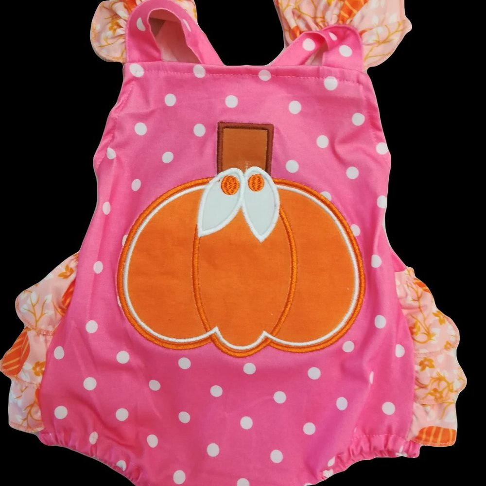 PUMPKIN APPLIQUE RUFFLED BACK ROMPER